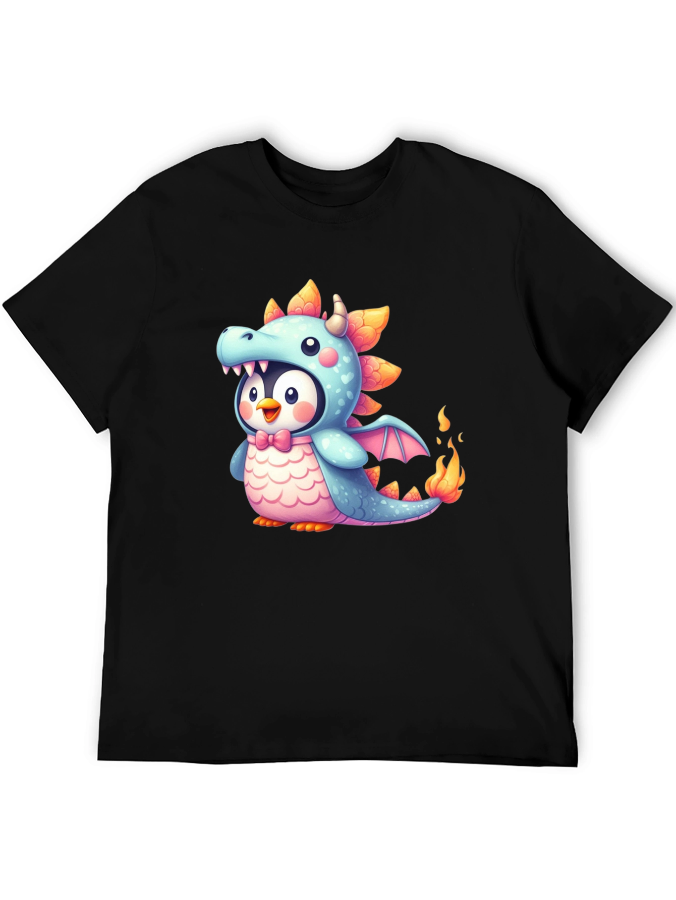 Cute Penguin Dragon Graphic Black T-Shirt