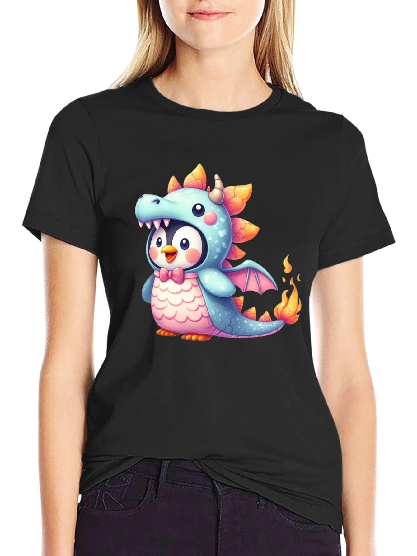 Cute Penguin Dragon Graphic Black T-Shirt