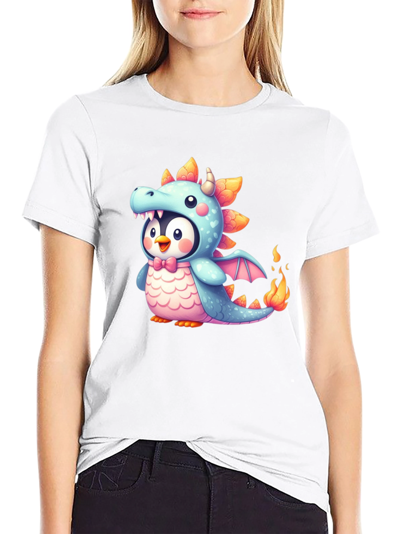 Cute Penguin Dragon Graphic Black T-Shirt