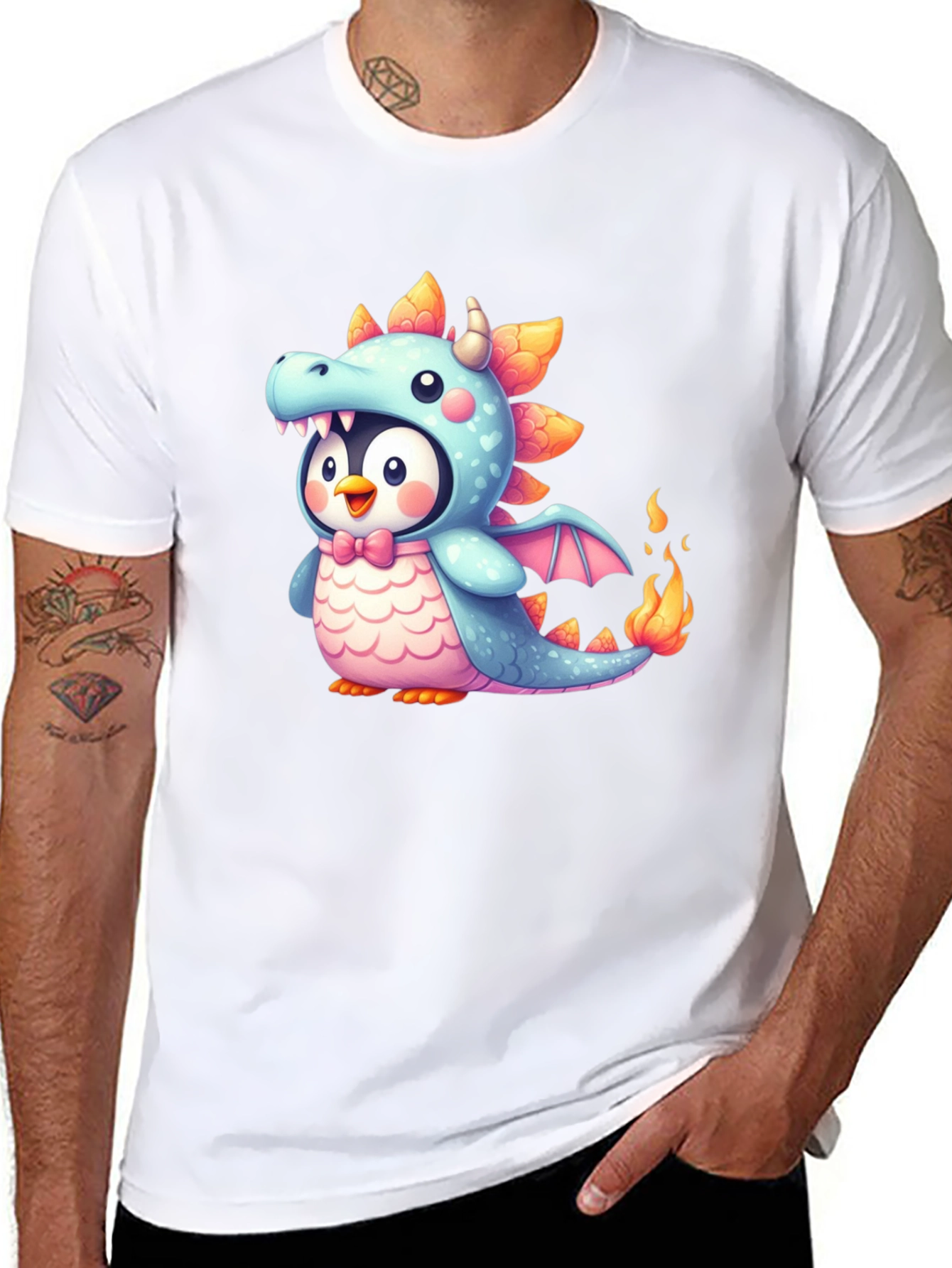 Cute Penguin Dragon Graphic Black T-Shirt