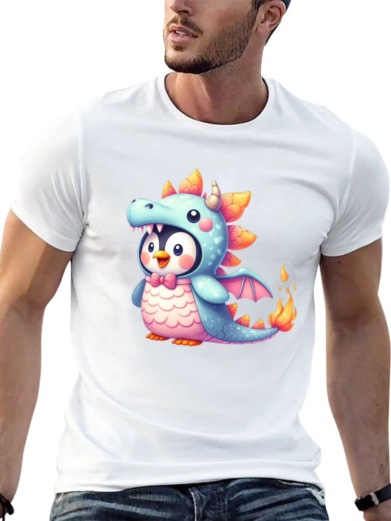 Cute Penguin Dragon Graphic Black T-Shirt