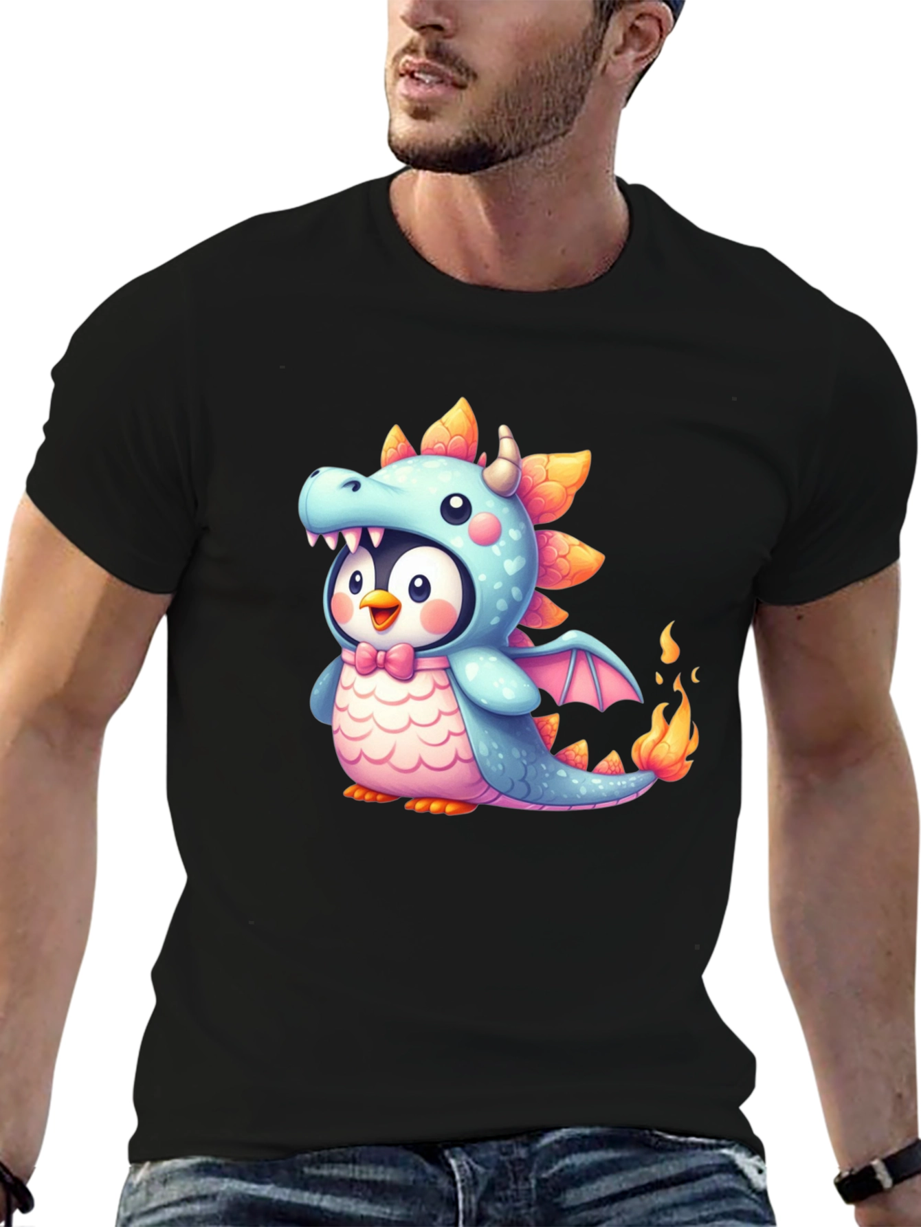 Cute Penguin Dragon Graphic Black T-Shirt