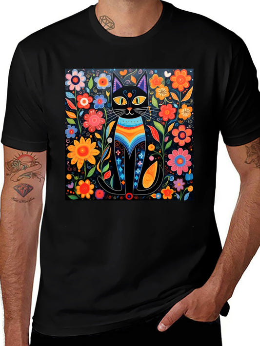 Floral Cat Graphic Tee - Unique Design