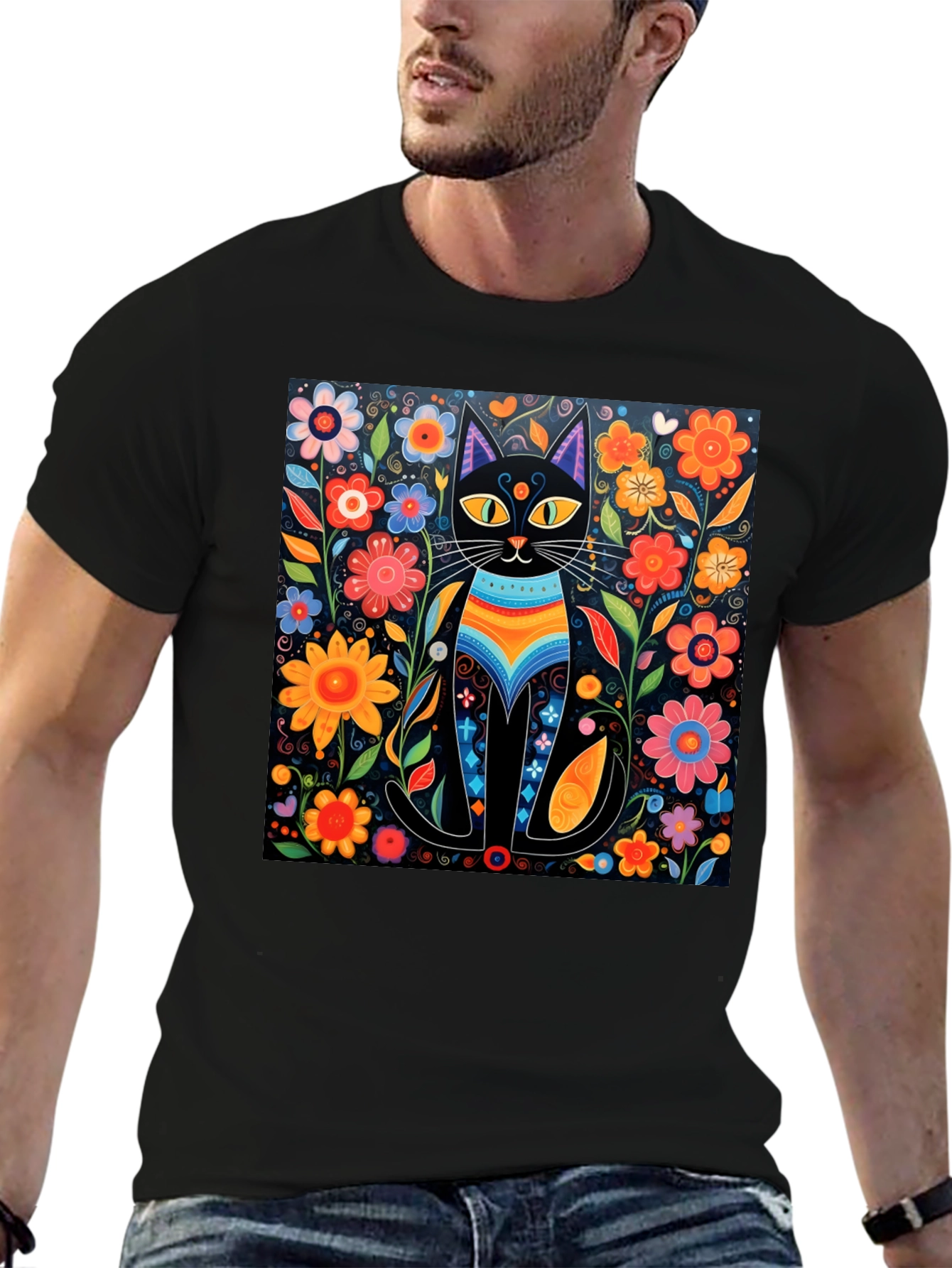 Floral Cat Graphic Tee - Unique Design