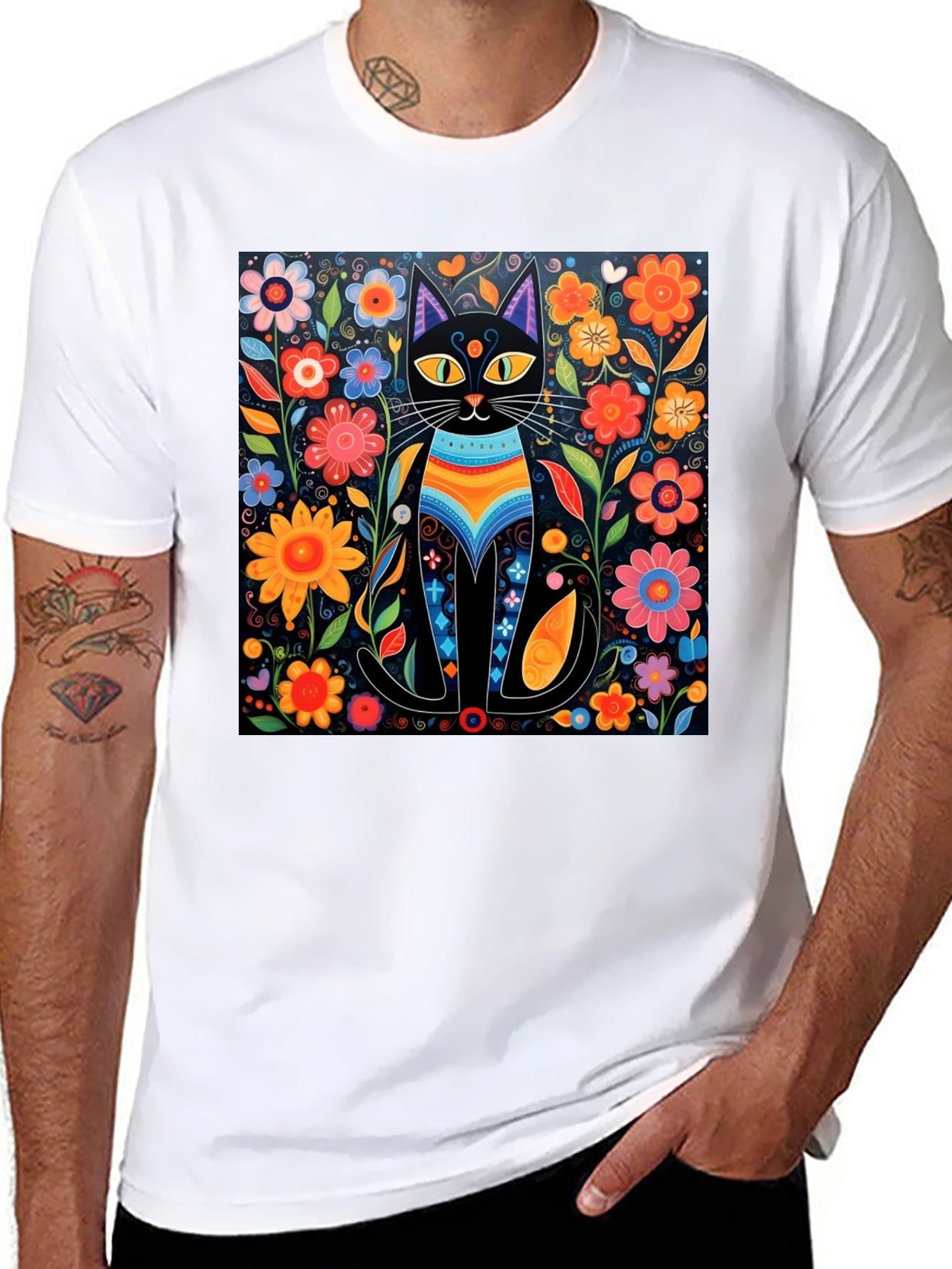 Floral Cat Graphic Tee - Unique Design