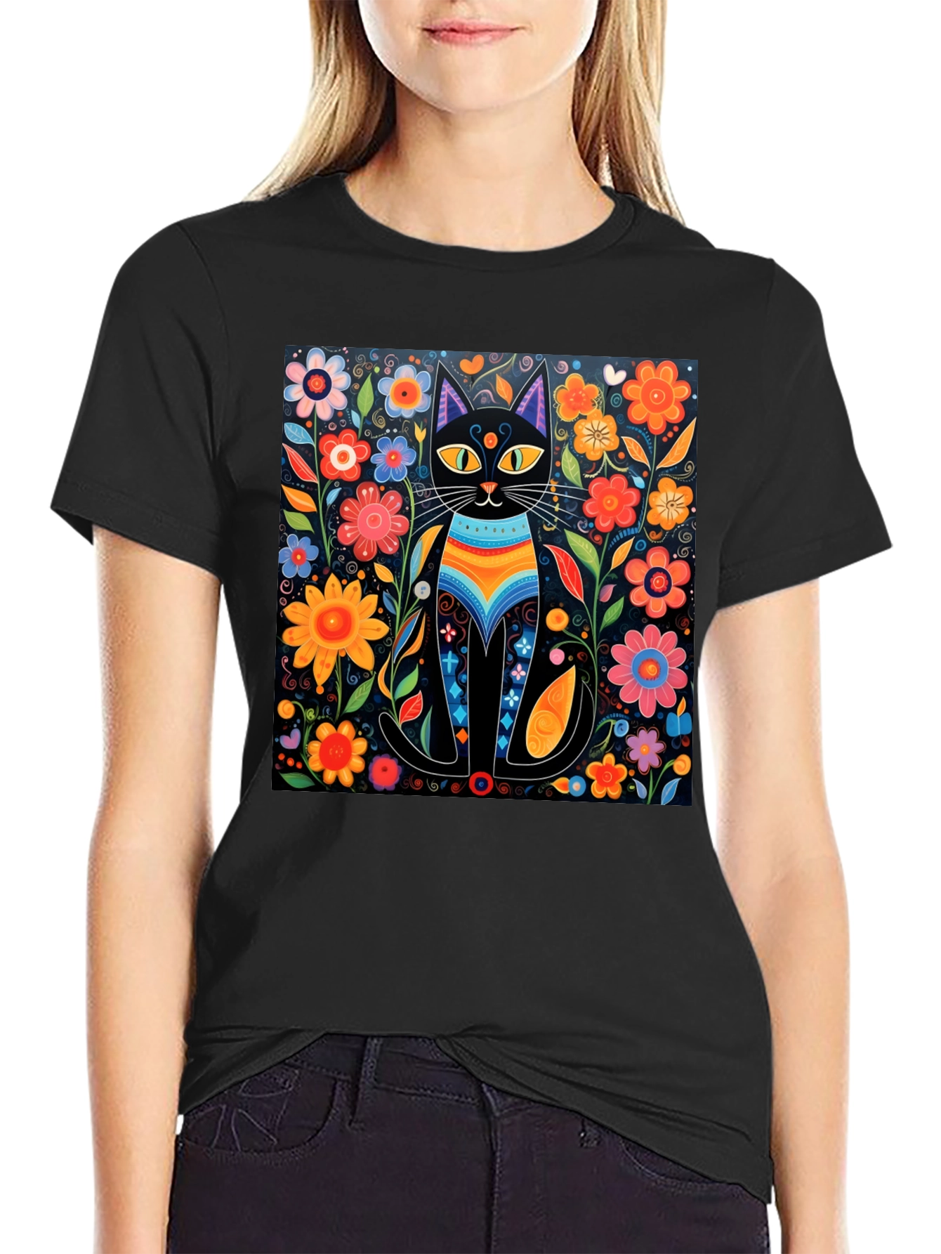 Floral Cat Graphic Tee - Unique Design