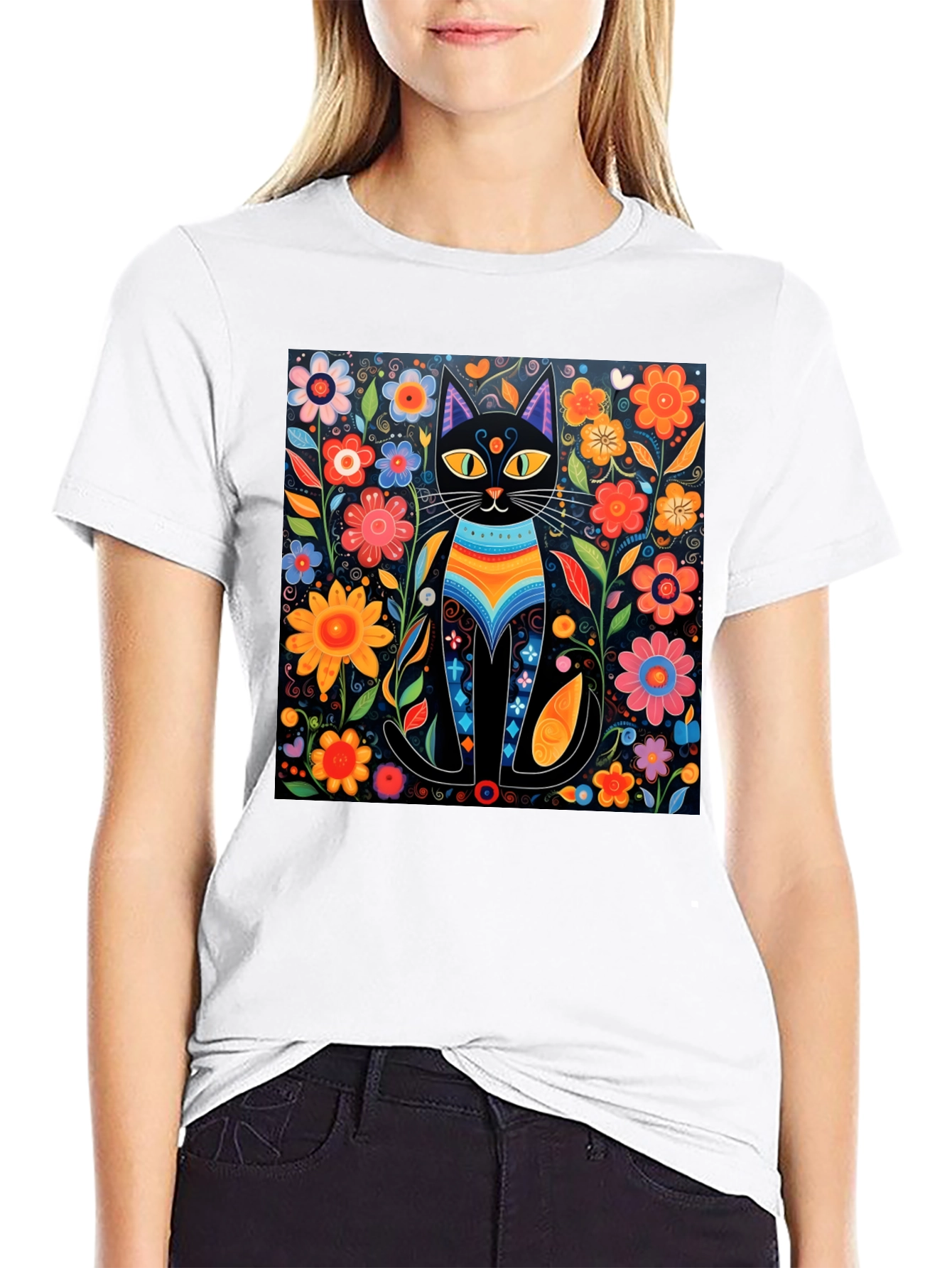 Floral Cat Graphic Tee - Unique Design