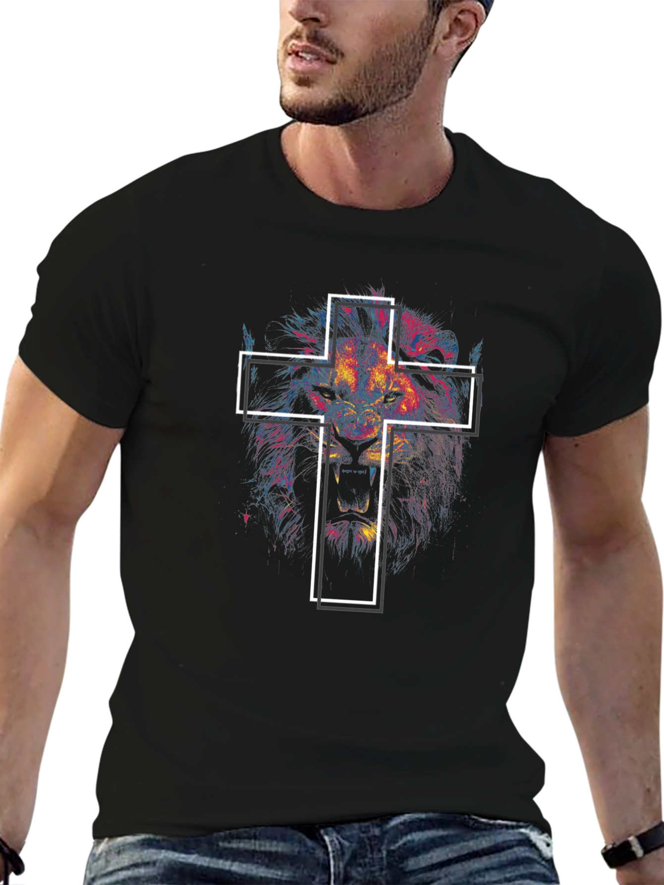 Lion and Cross Graphic Tee - Black
