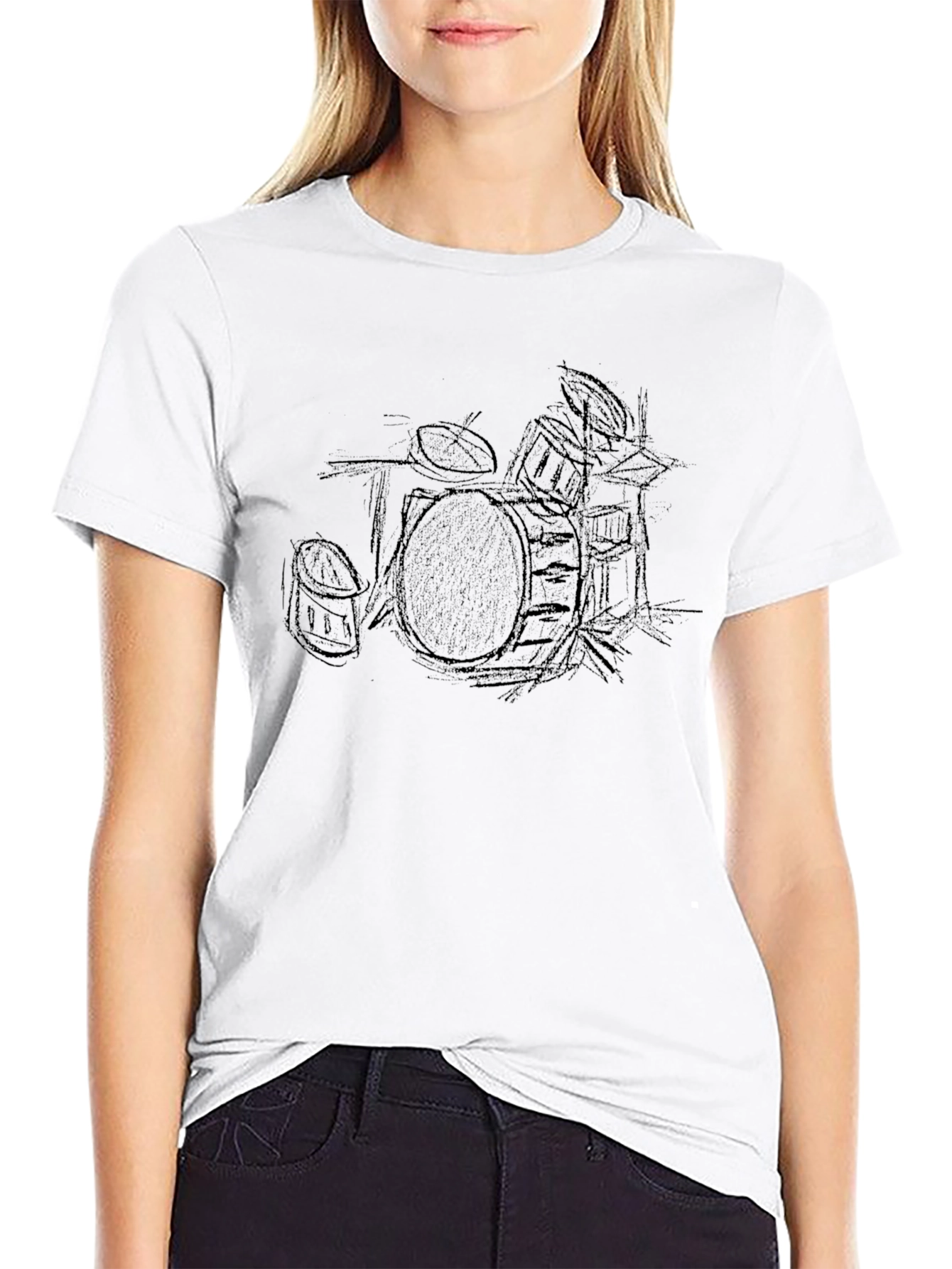 Drum Set Sketch Tee - Classic Black Cotton T-Shirt