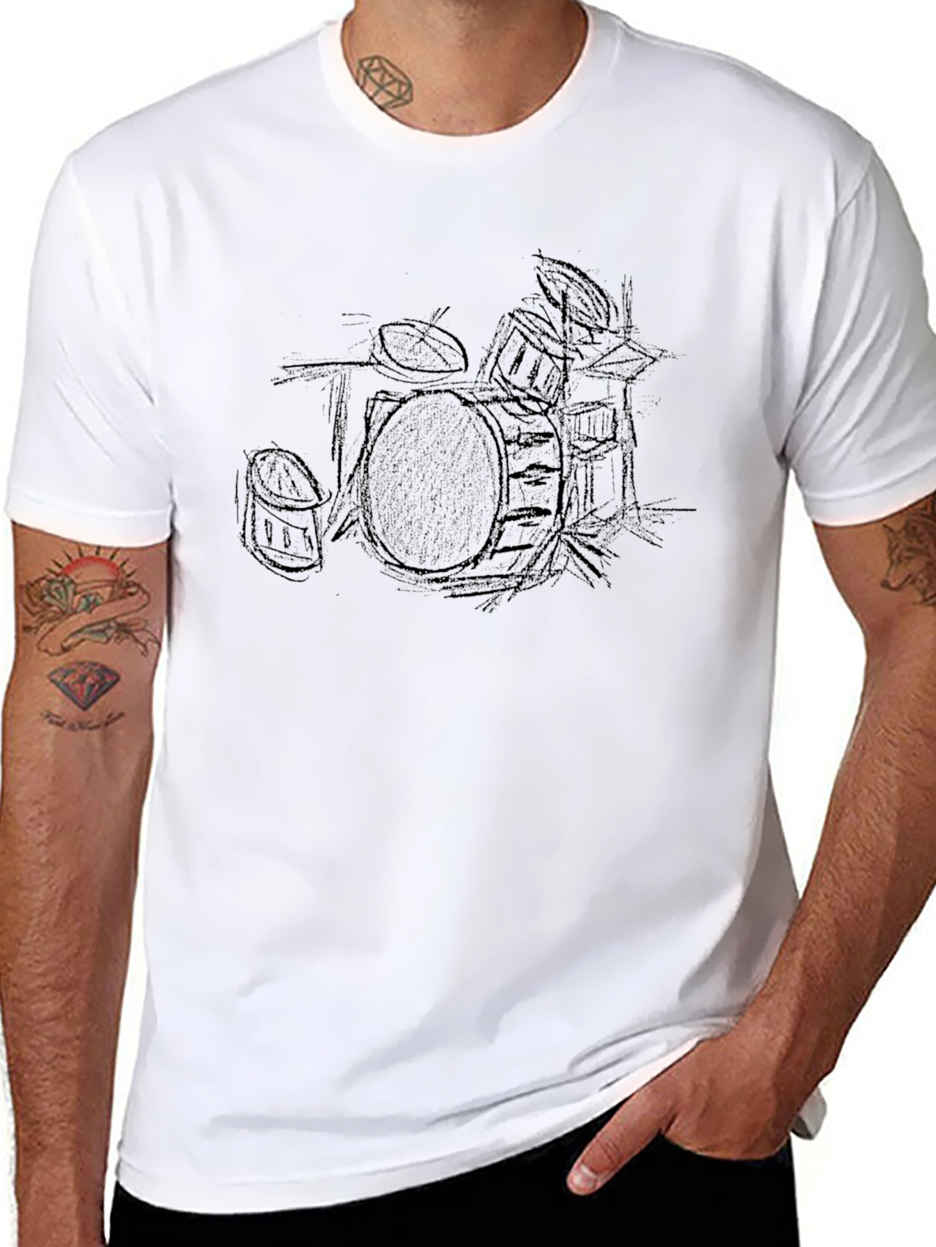 Drum Set Sketch Tee - Classic Black Cotton T-Shirt