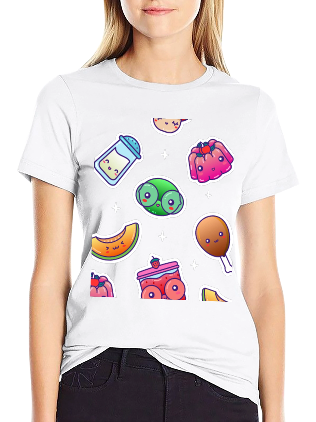 Kawaii Food Pattern Black T-Shirt
