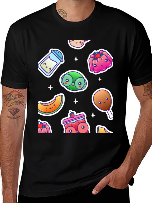 Kawaii Food Pattern Black T-Shirt