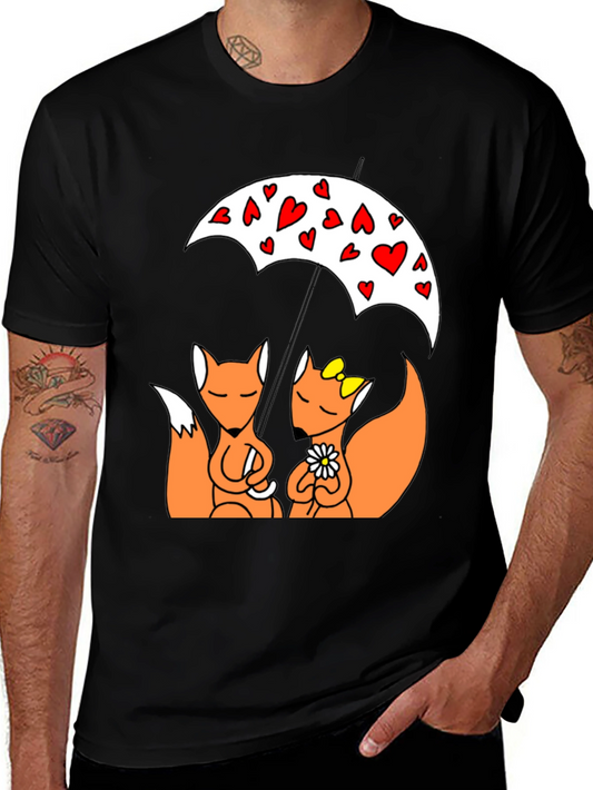 Cute Foxes Under Heart Umbrella Black T-Shirt
