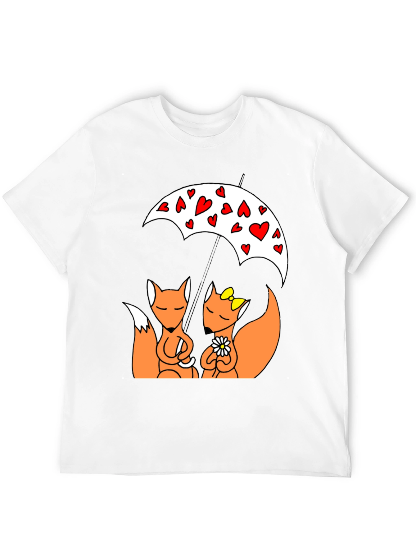 Cute Foxes Under Heart Umbrella Black T-Shirt