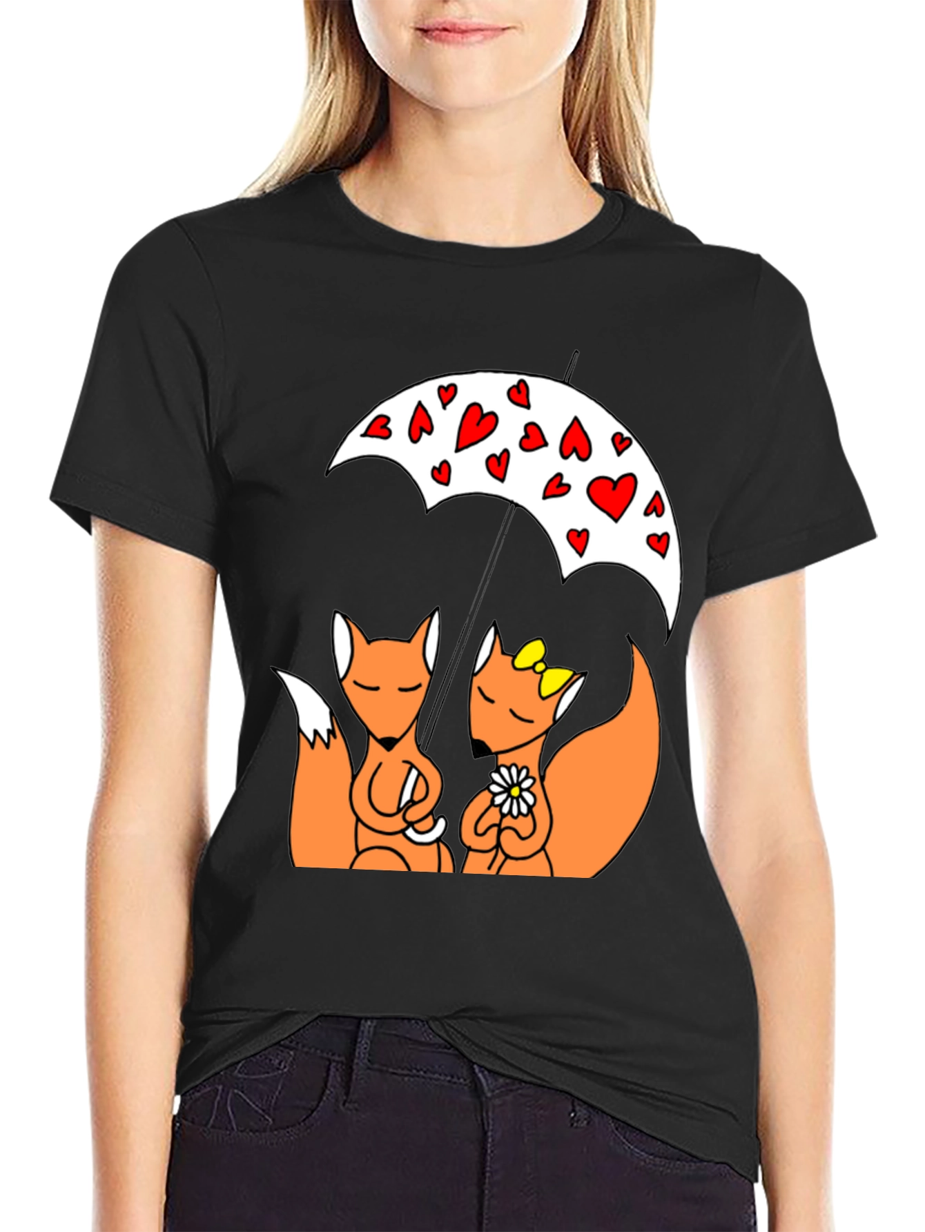 Cute Foxes Under Heart Umbrella Black T-Shirt