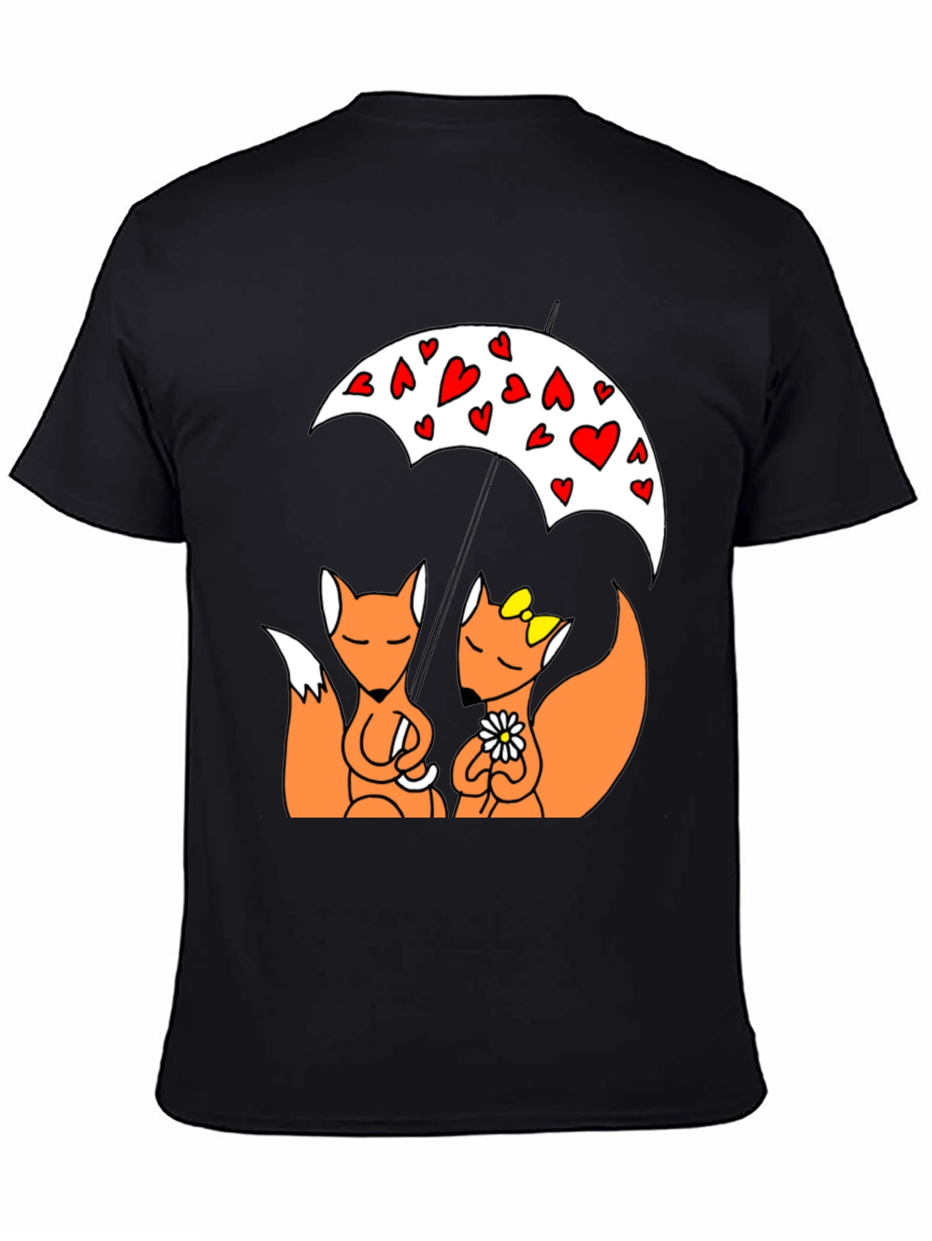 Cute Foxes Under Heart Umbrella Black T-Shirt