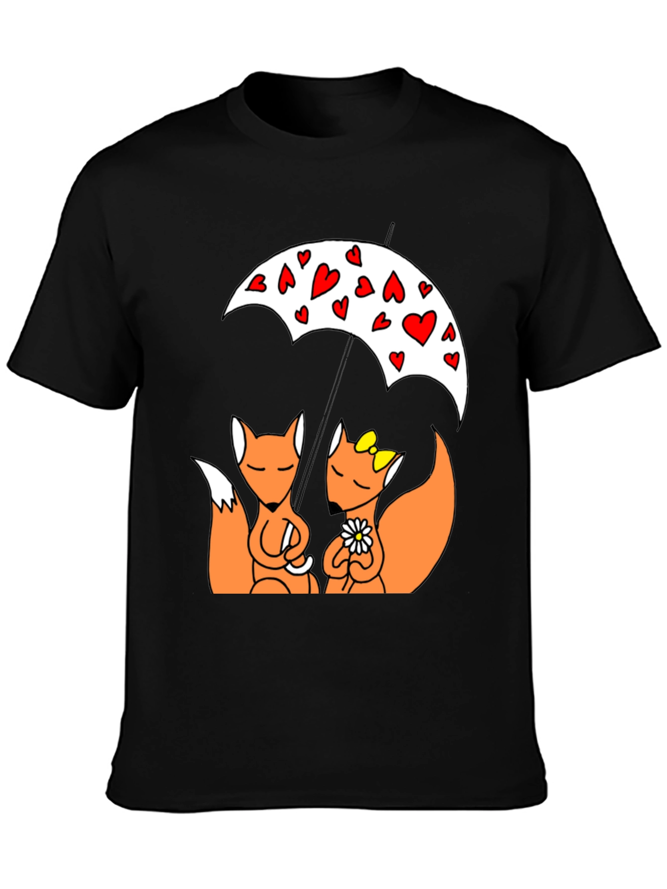 Cute Foxes Under Heart Umbrella Black T-Shirt