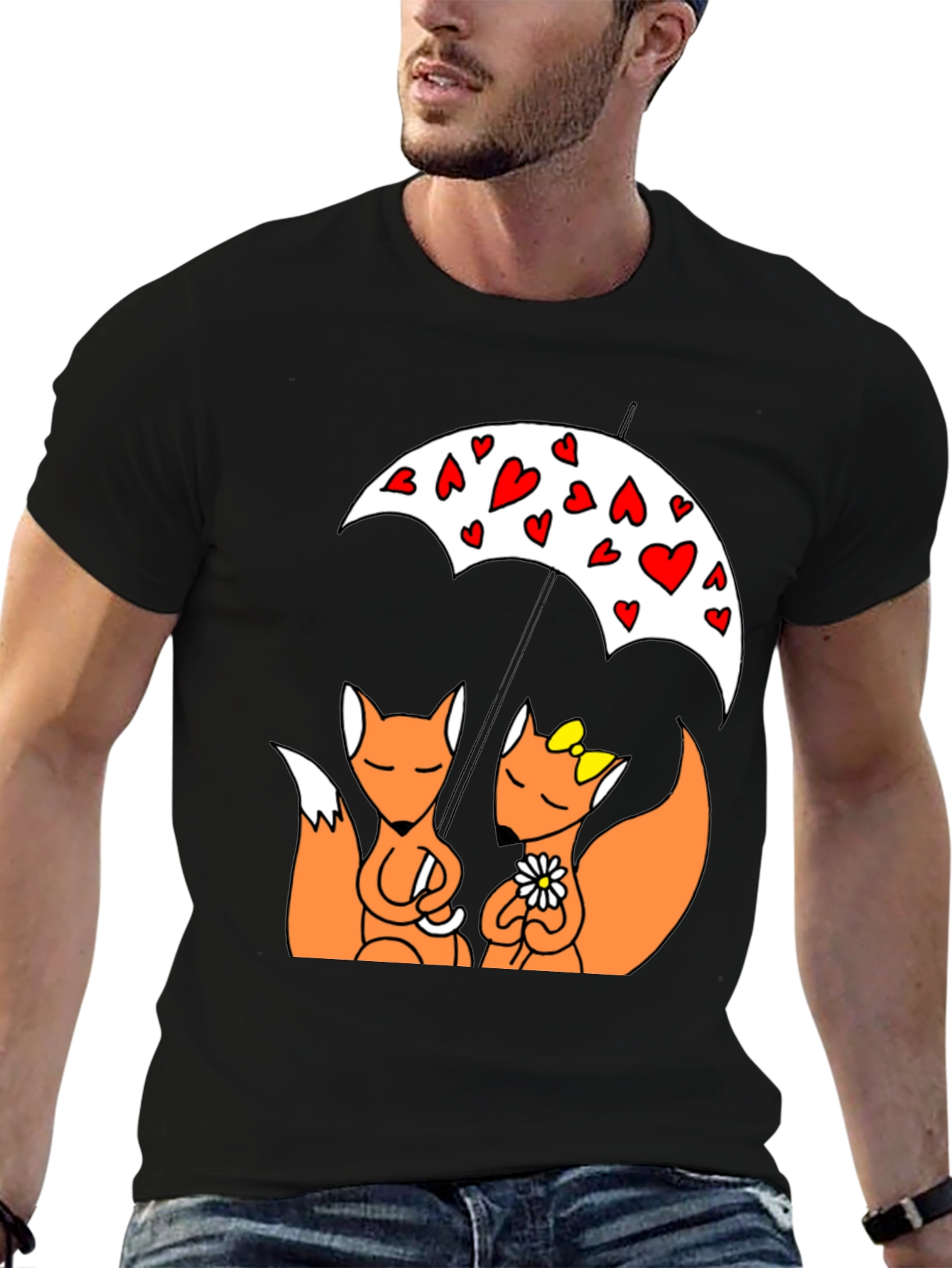 Cute Foxes Under Heart Umbrella Black T-Shirt