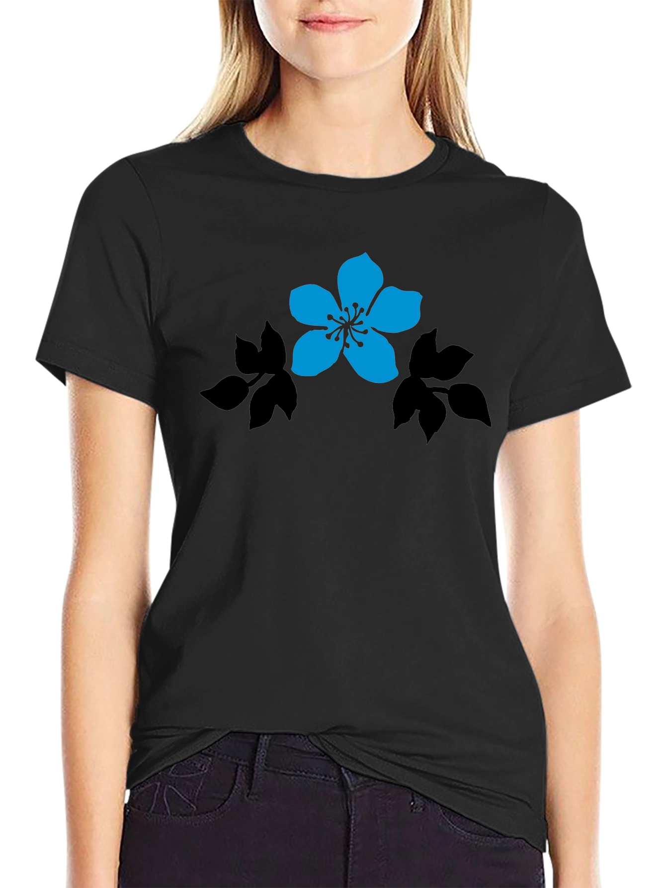 Black T-Shirt with Blue Flower Graphic