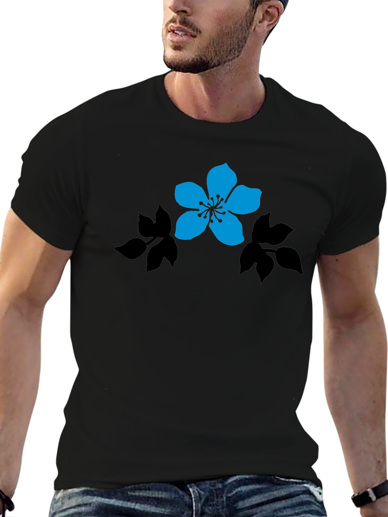 Black T-Shirt with Blue Flower Graphic