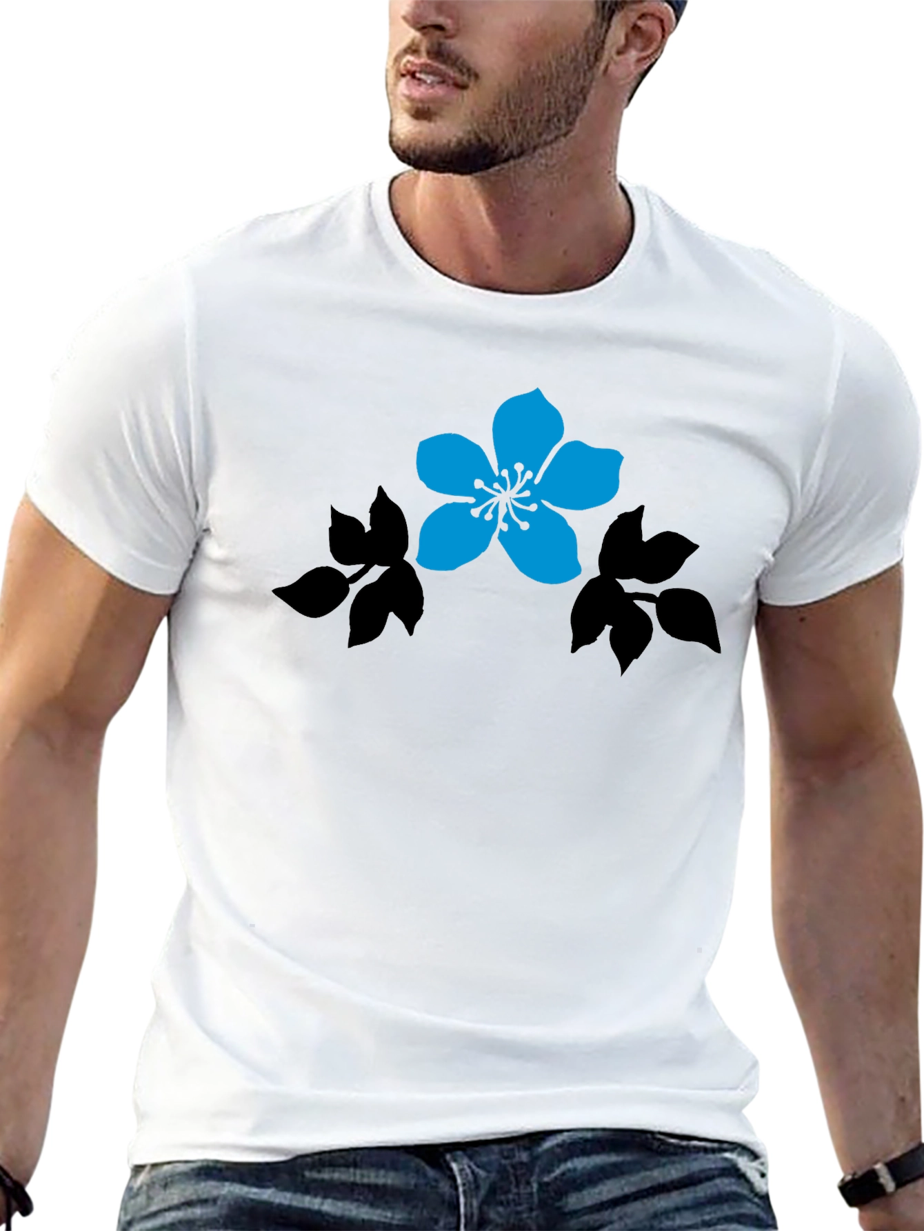 Black T-Shirt with Blue Flower Graphic