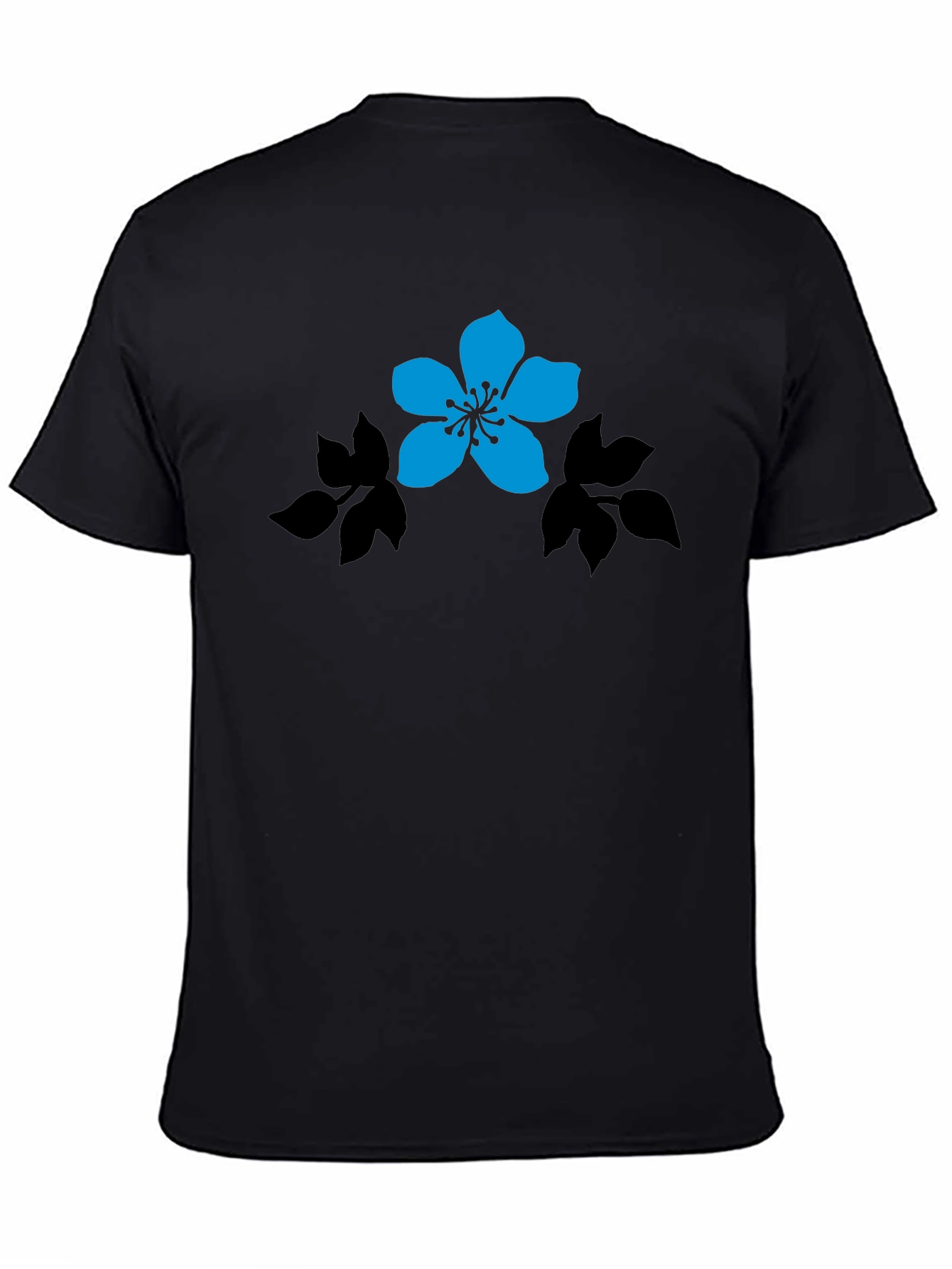 Black T-Shirt with Blue Flower Graphic
