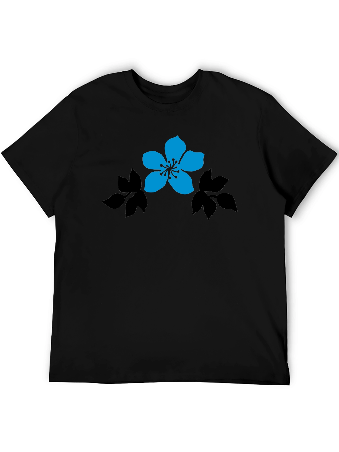 Black T-Shirt with Blue Flower Graphic