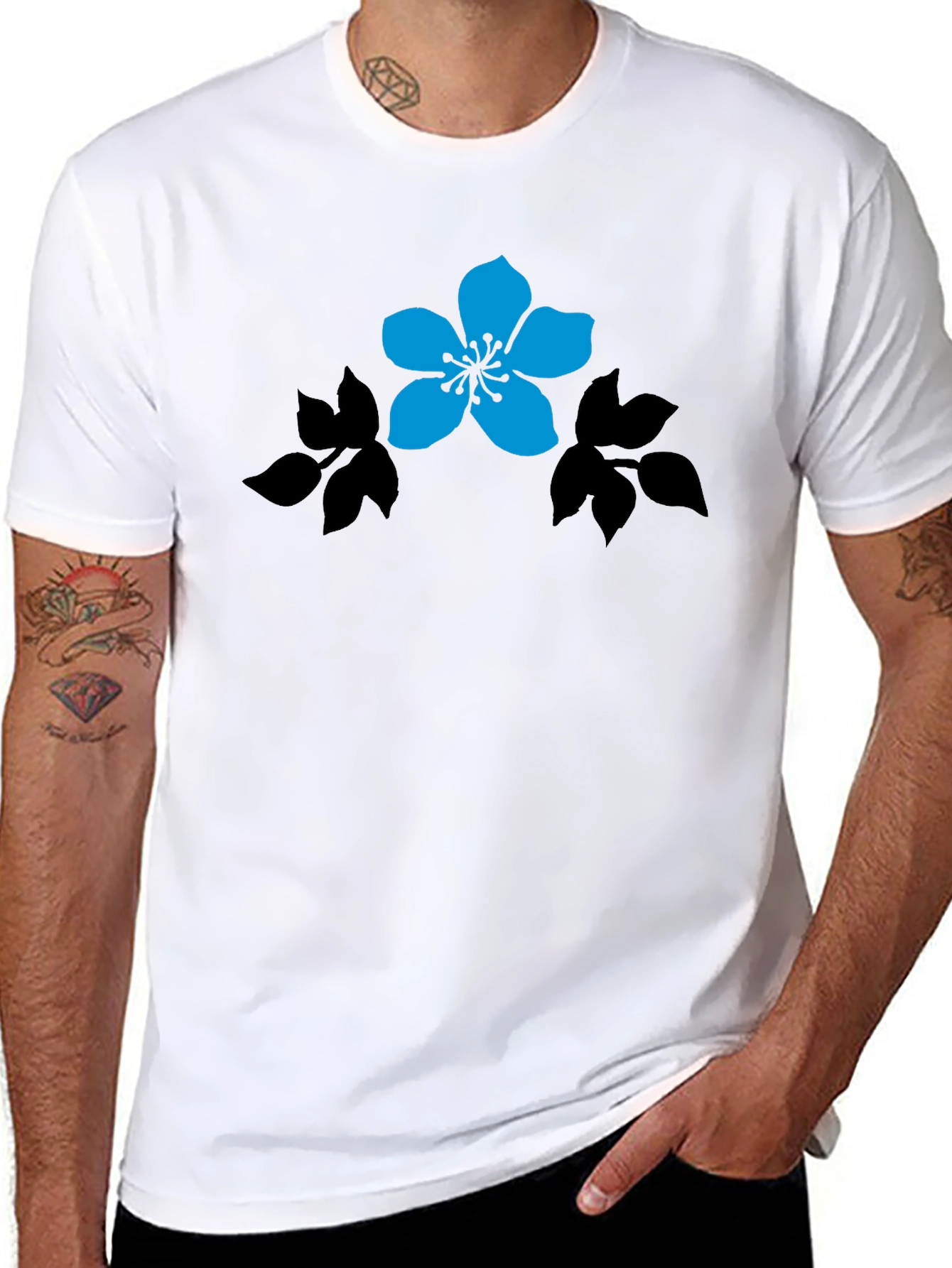 Black T-Shirt with Blue Flower Graphic