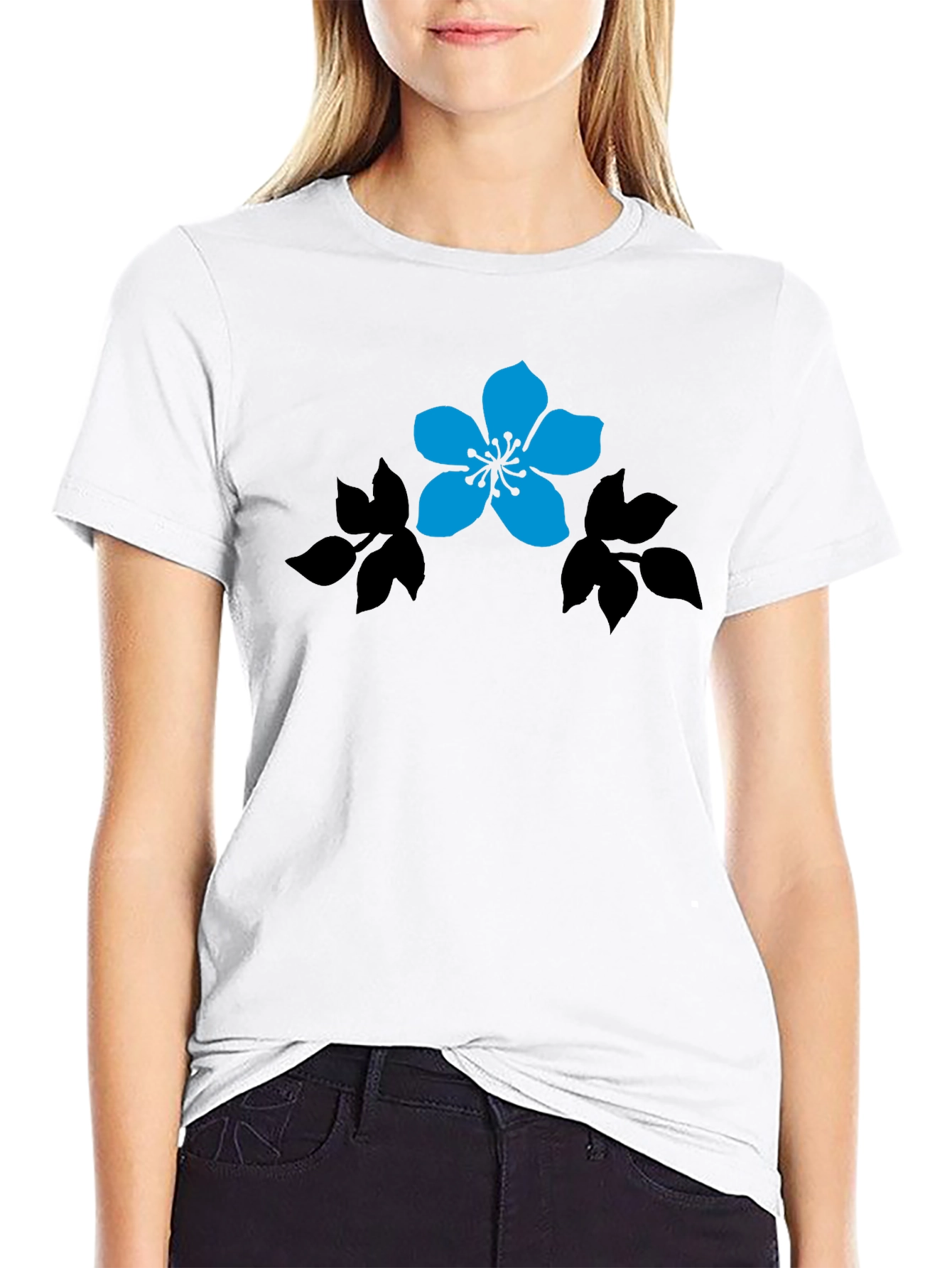 Black T-Shirt with Blue Flower Graphic