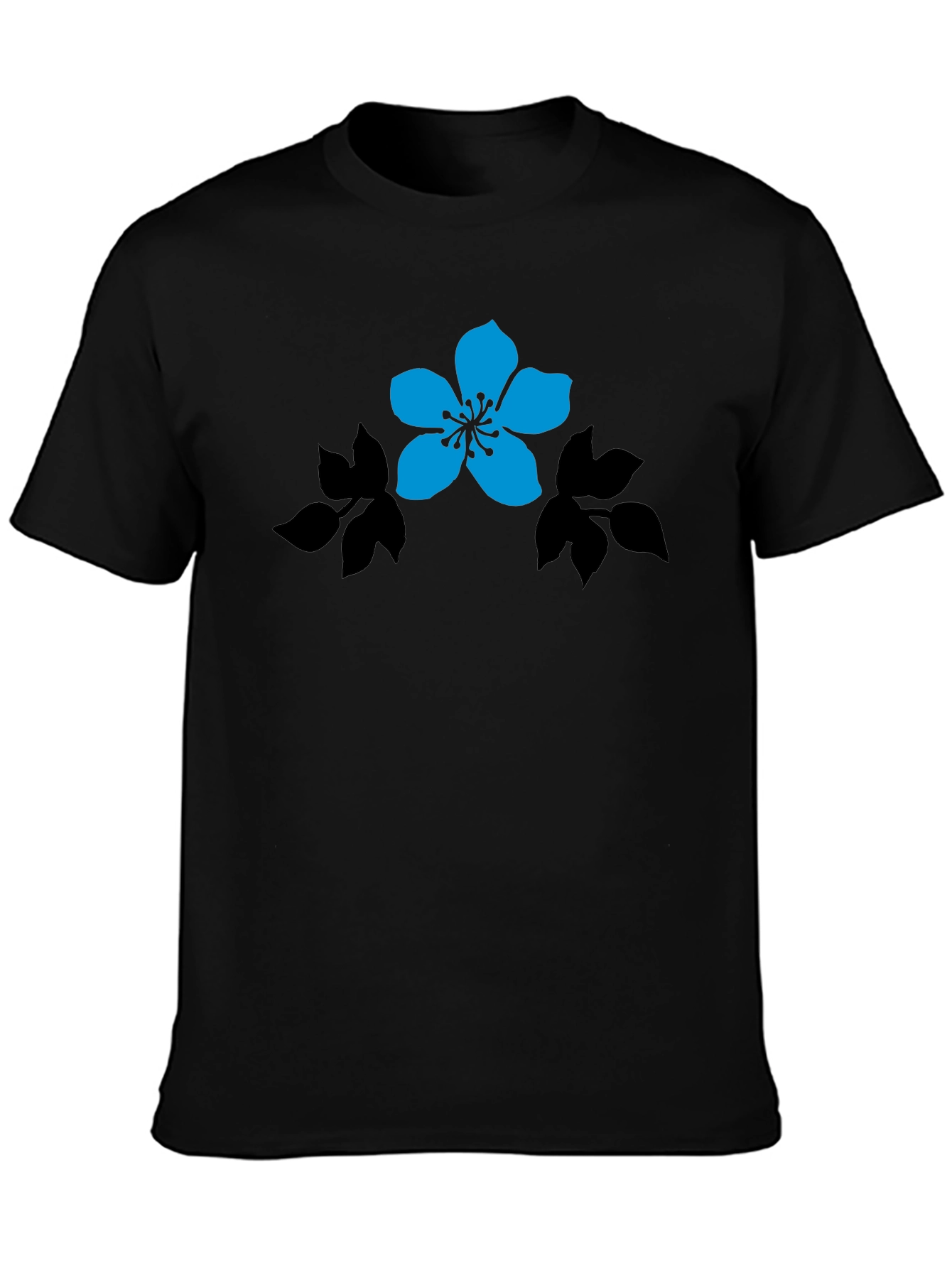 Black T-Shirt with Blue Flower Graphic