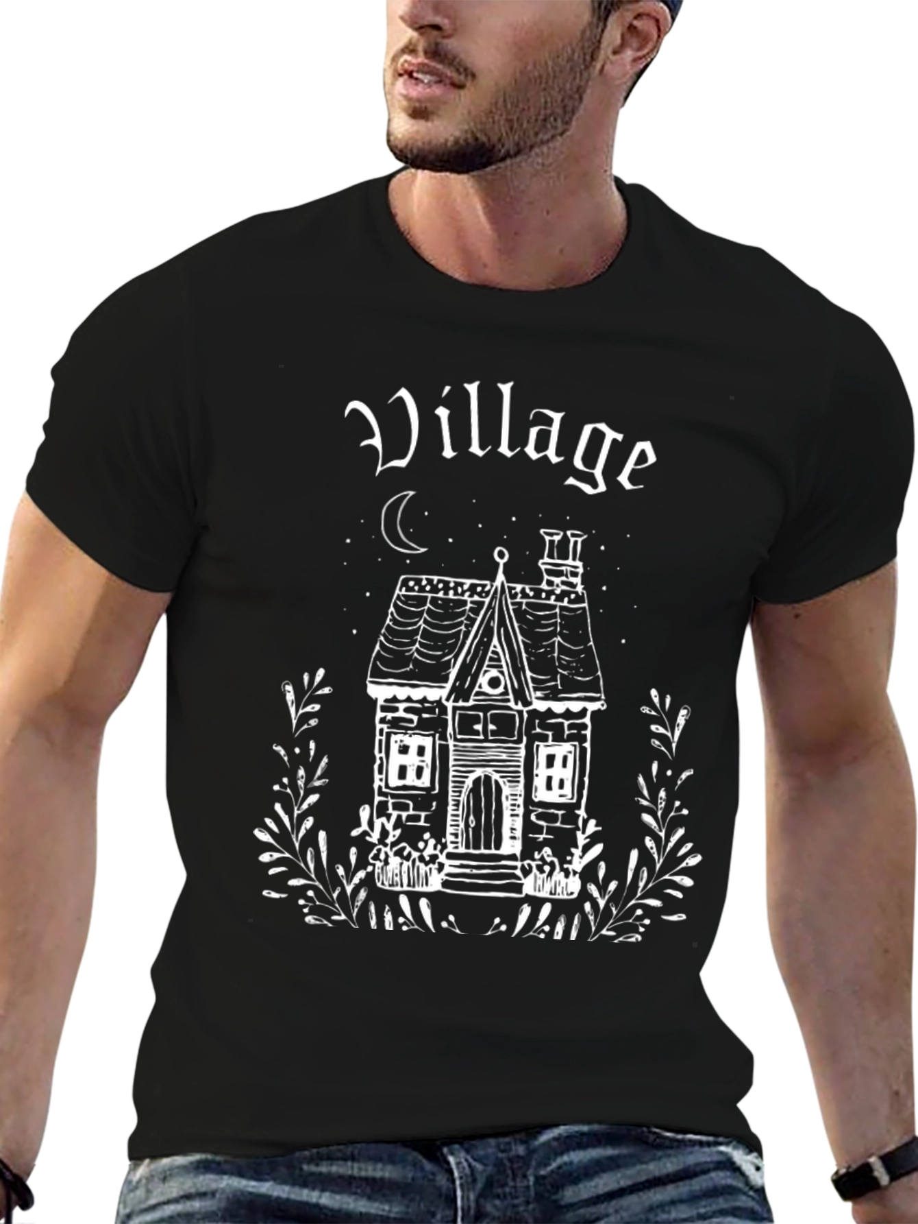 Village House Graphic Tee - Gothic Style