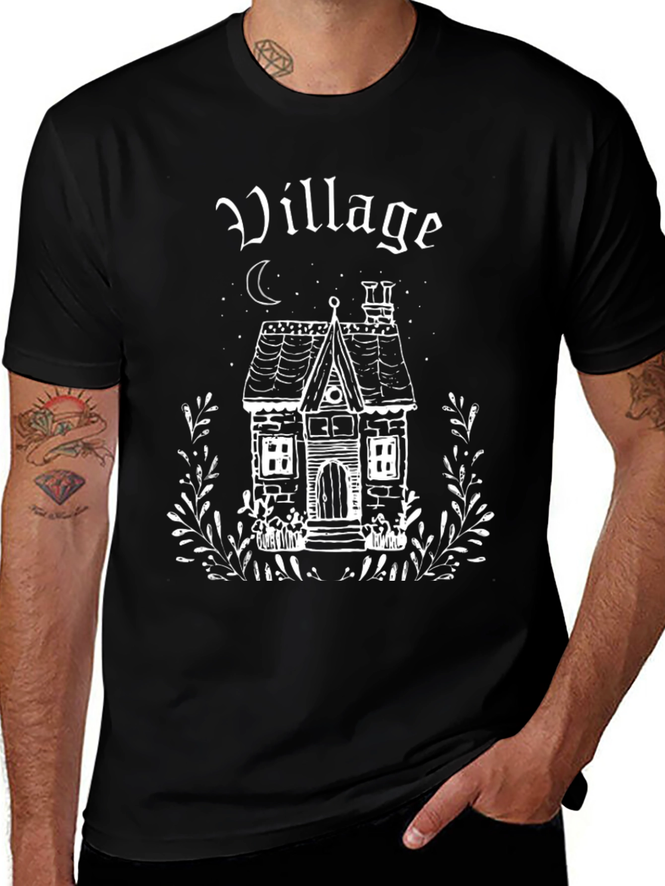 Village House Graphic Tee - Gothic Style