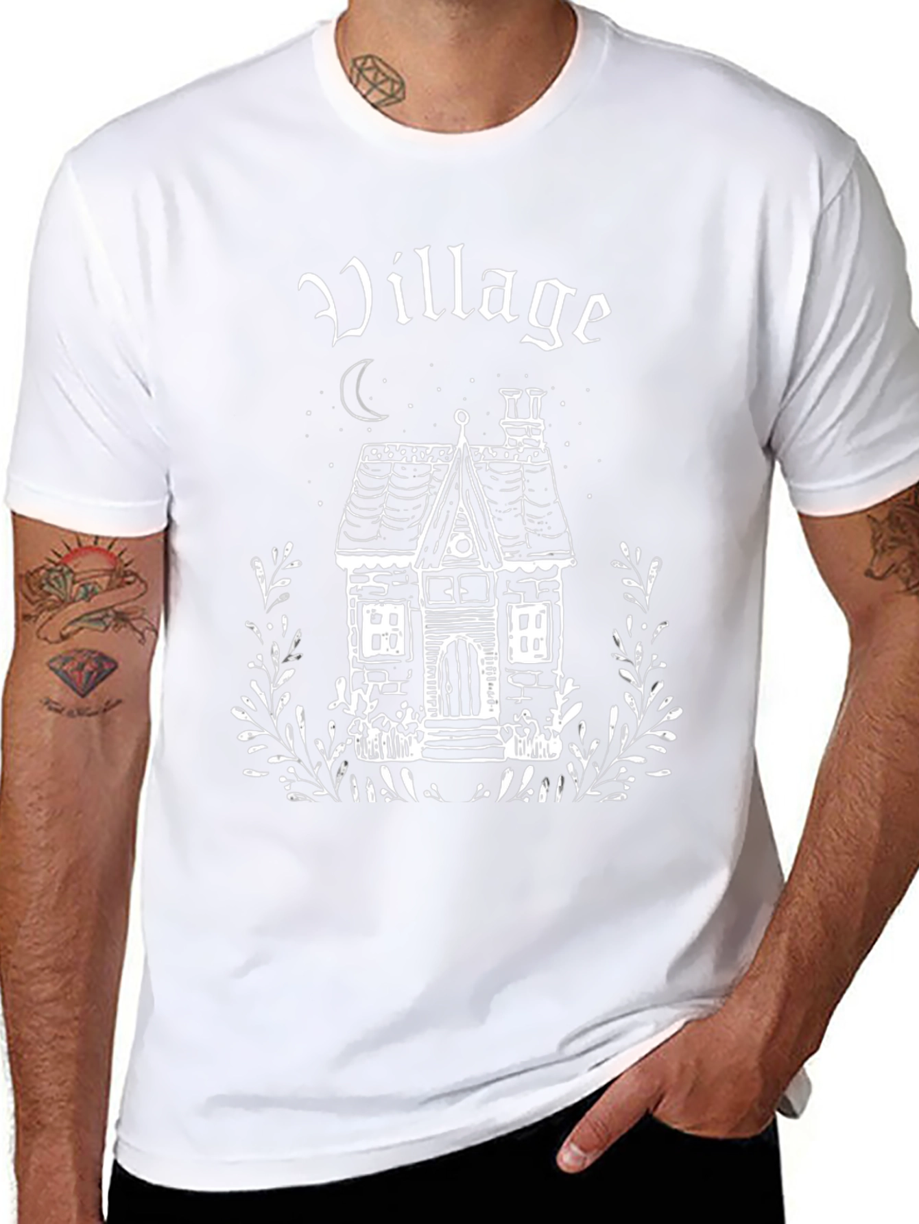 Village House Graphic Tee - Gothic Style