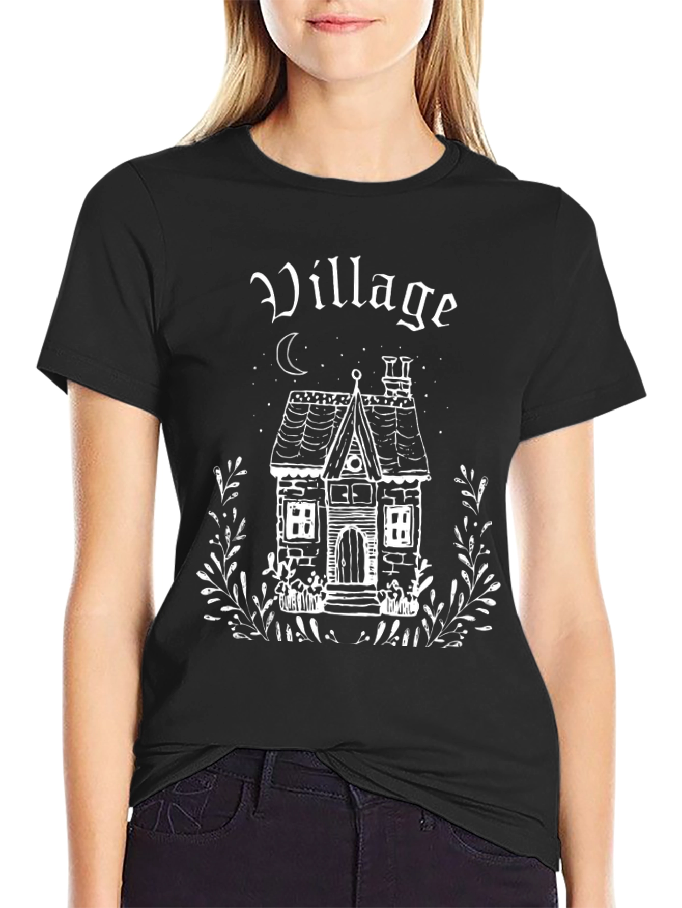 Village House Graphic Tee - Gothic Style